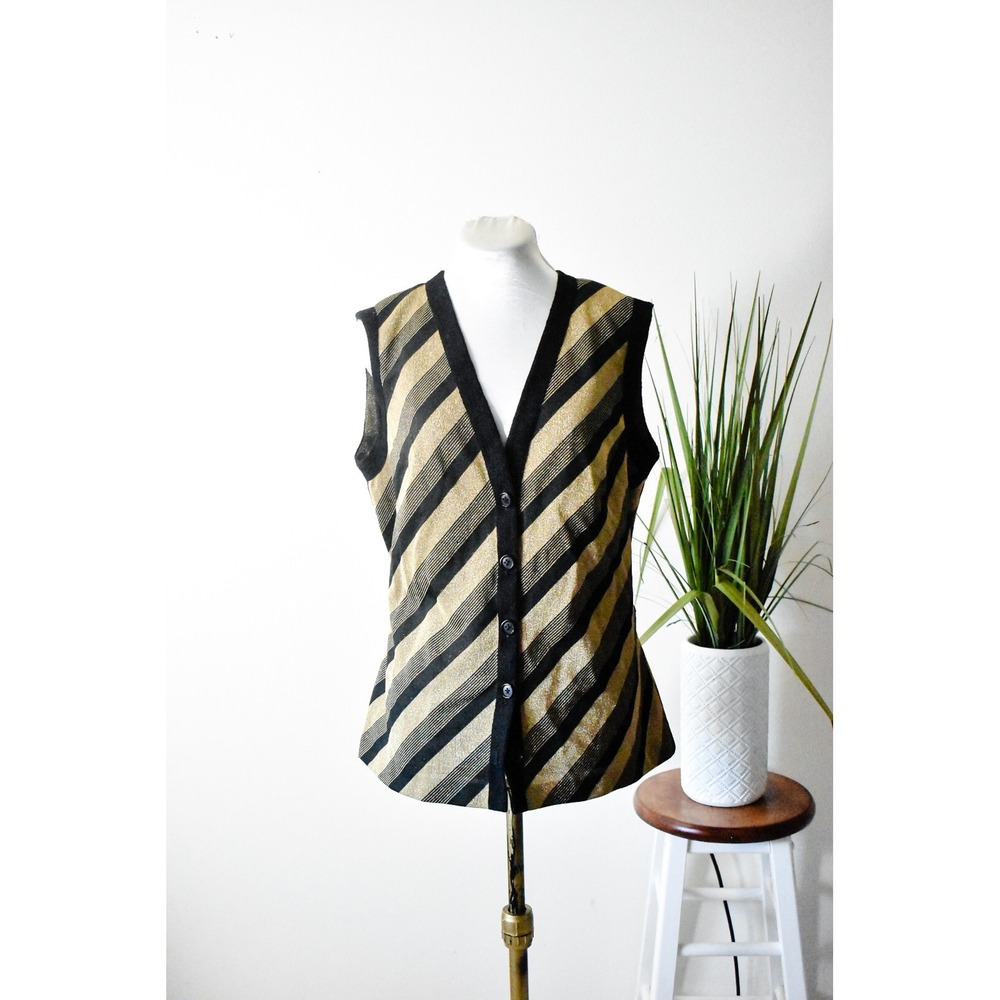 Leona Button Front Vest Women LGold Black 70s Metallic Stripe Finnish Design